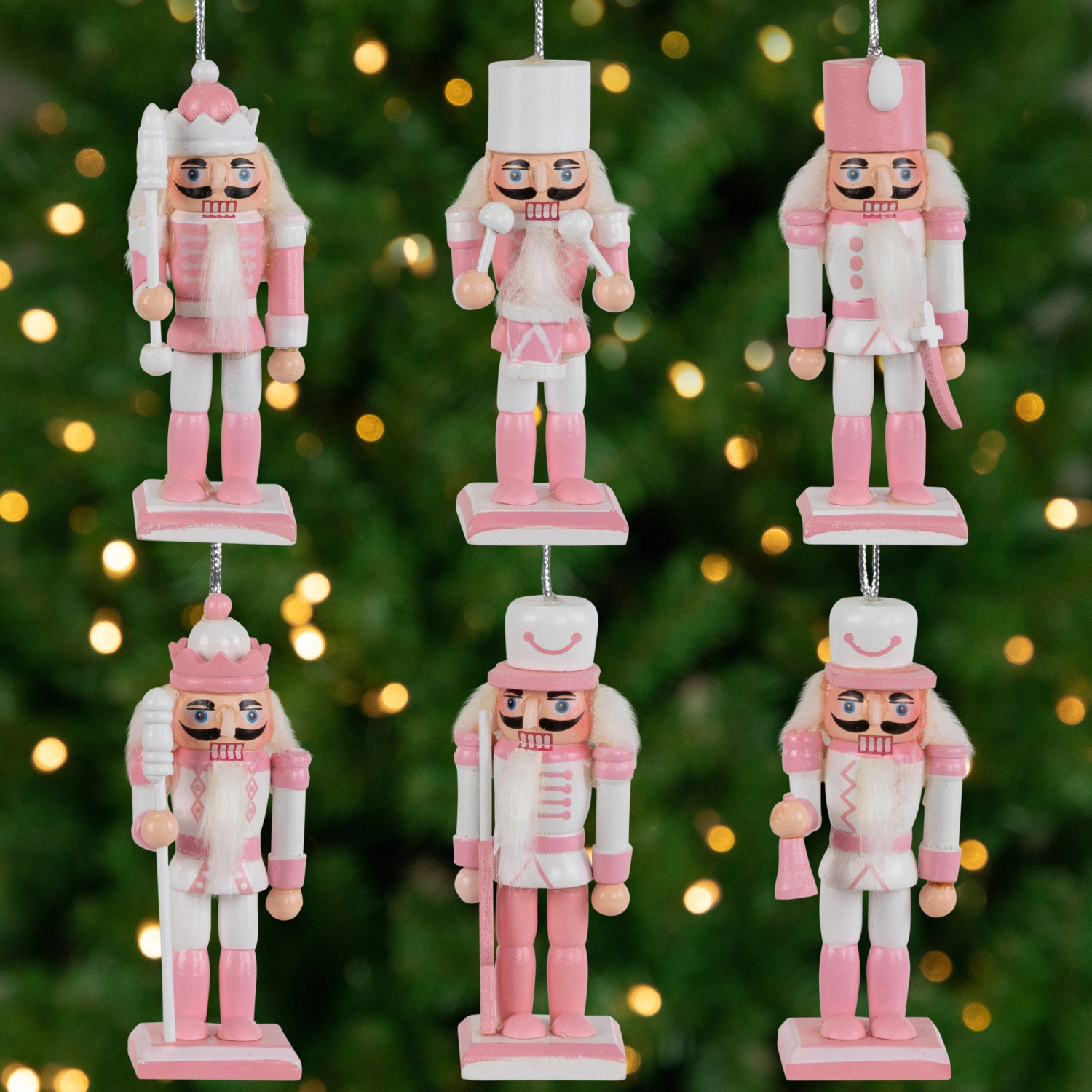 Nutcracker Soldier Christmas Ornaments - 3.25" - Pink and White - Set of 6