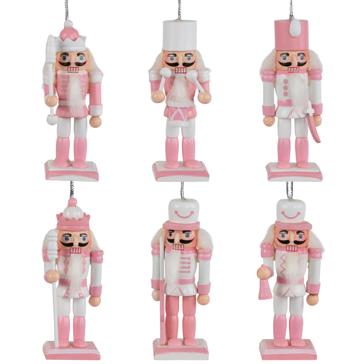 Nutcracker Soldier Christmas Ornaments - 3.25" - Pink and White - Set of 6