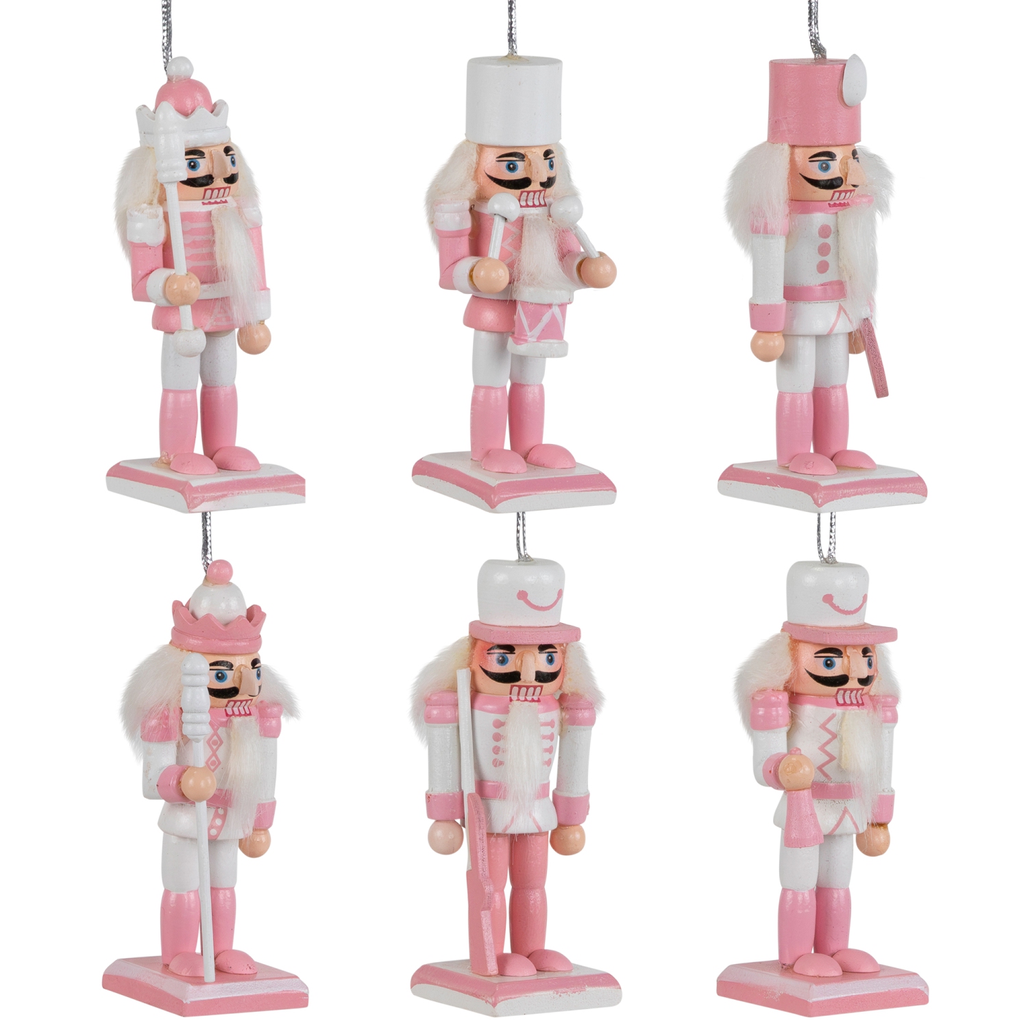 Nutcracker Soldier Christmas Ornaments - 3.25" - Pink and White - Set of 6
