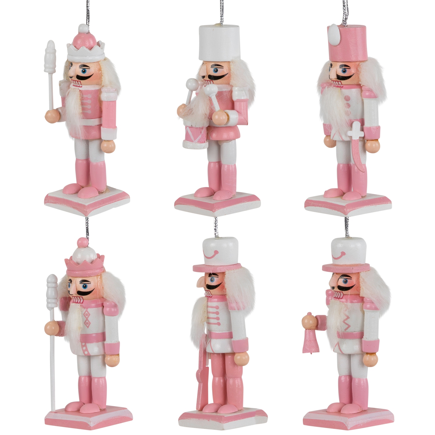 Nutcracker Soldier Christmas Ornaments - 3.25" - Pink and White - Set of 6