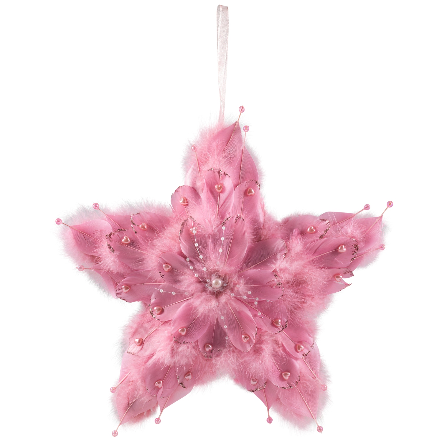 Plush Feather Star Glittered Christmas Ornament with Hearts -12" - Pink