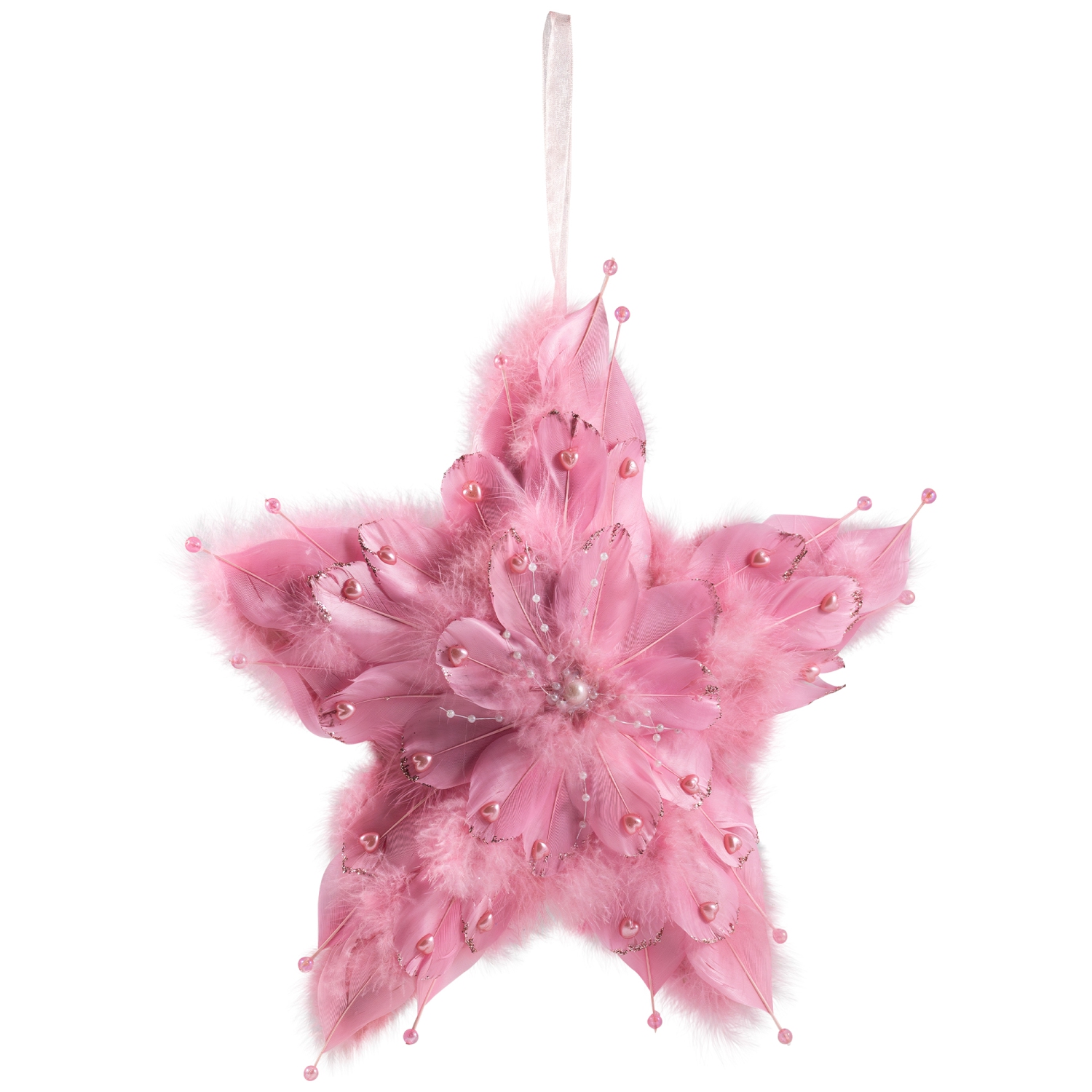 Plush Feather Star Glittered Christmas Ornament with Hearts -12" - Pink