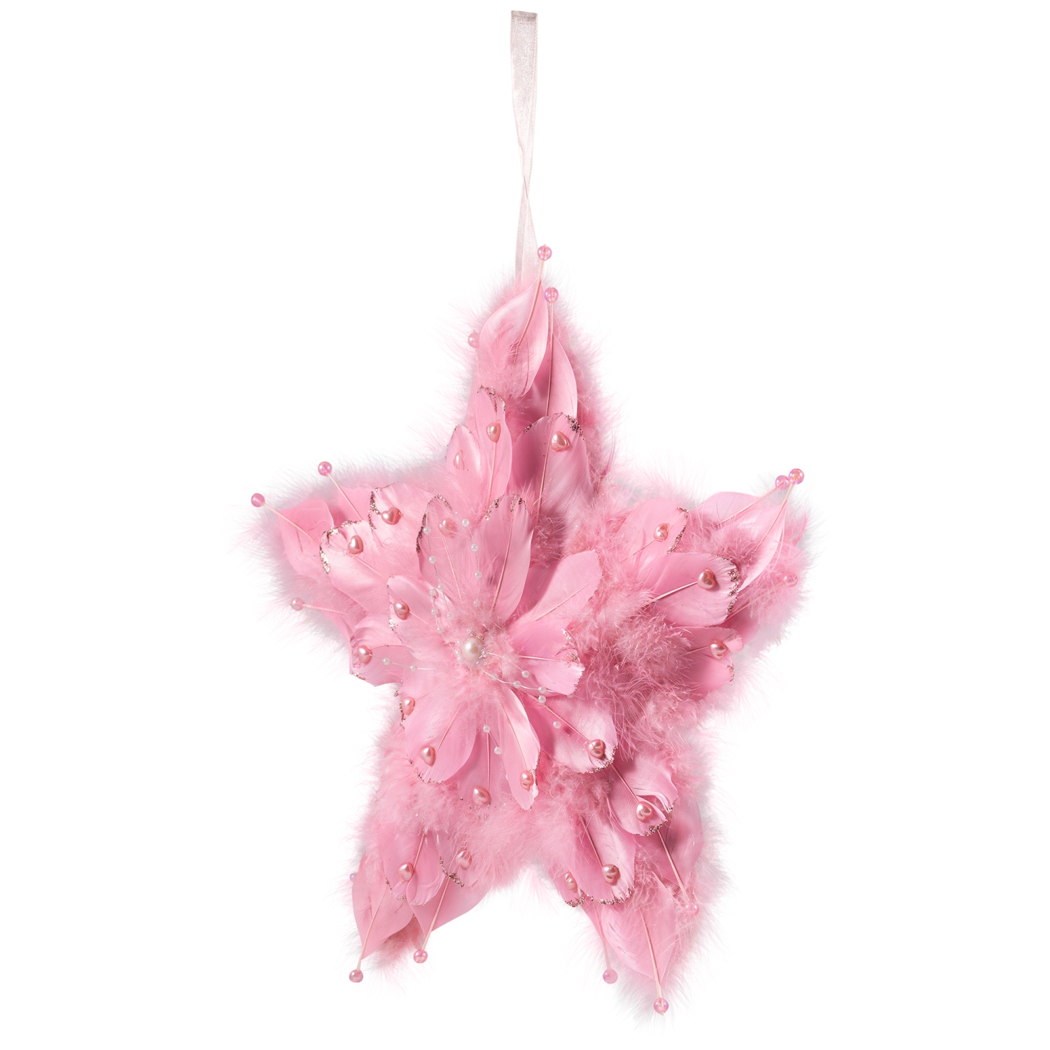 Plush Feather Star Glittered Christmas Ornament with Hearts -12" - Pink