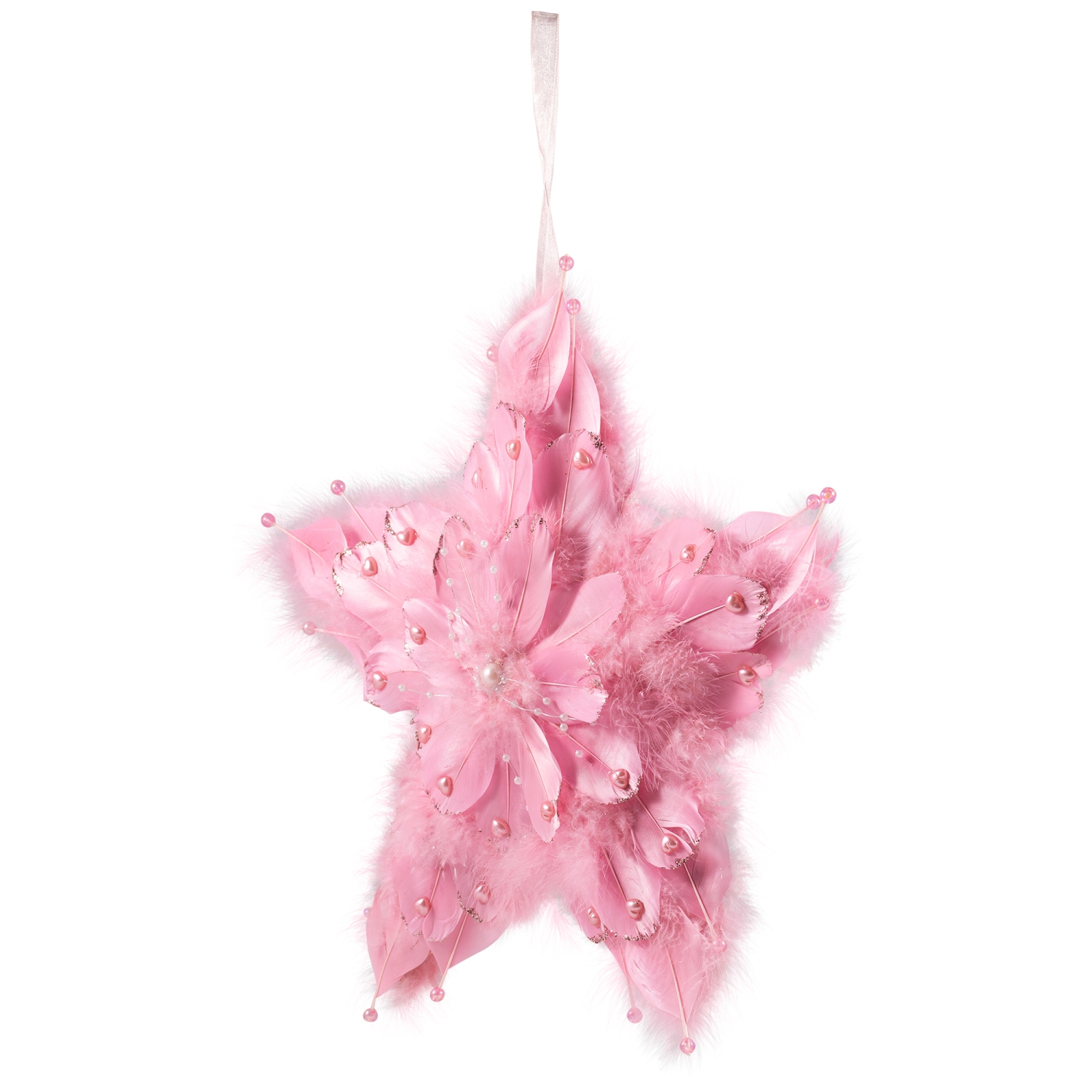 Plush Feather Star Glittered Christmas Ornament with Hearts -12" - Pink