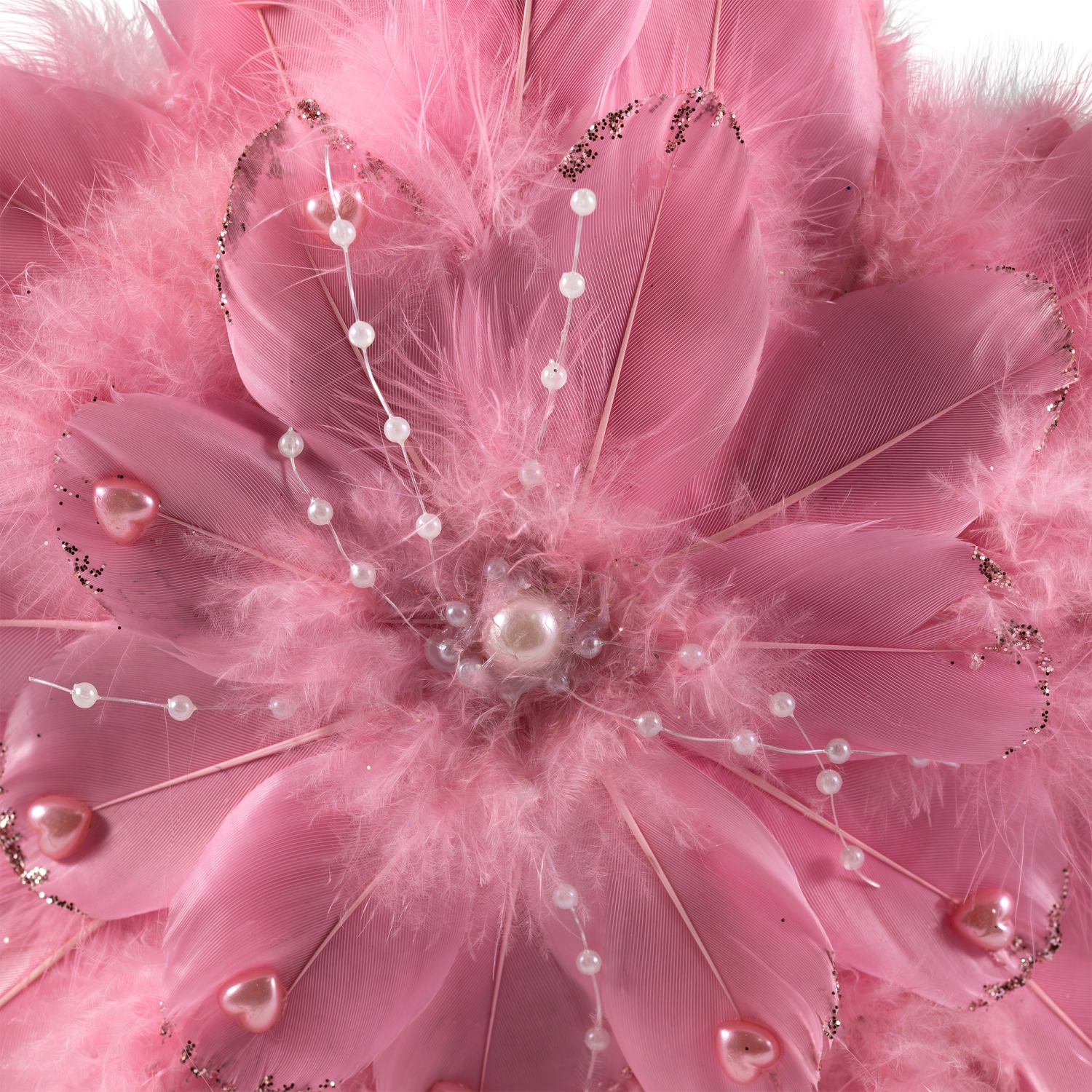 Plush Feather Star Glittered Christmas Ornament with Hearts -12" - Pink