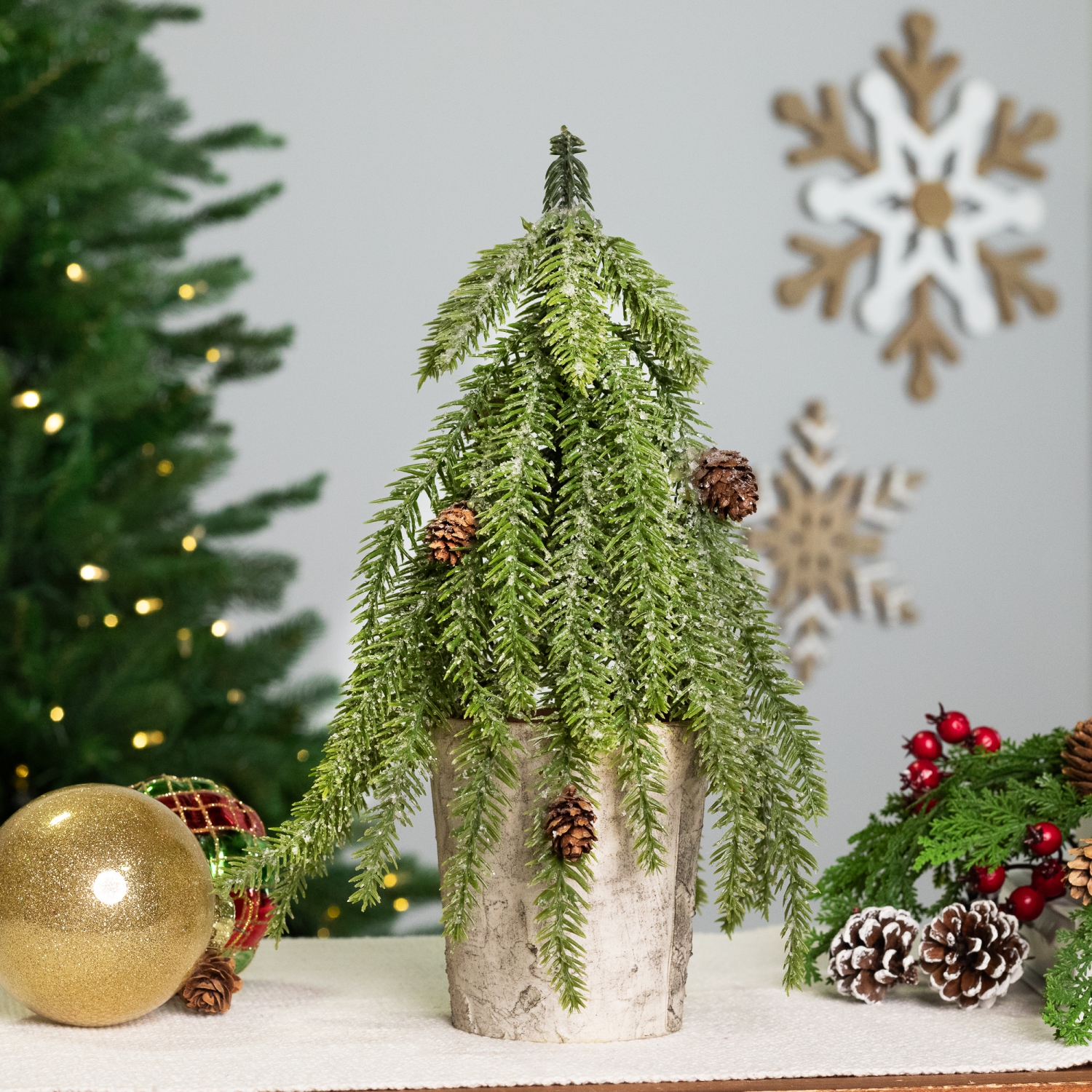 Icy Pine Mini Christmas Tree with Pine Cones in Faux Birch Wood Pot - 12" - Unlit