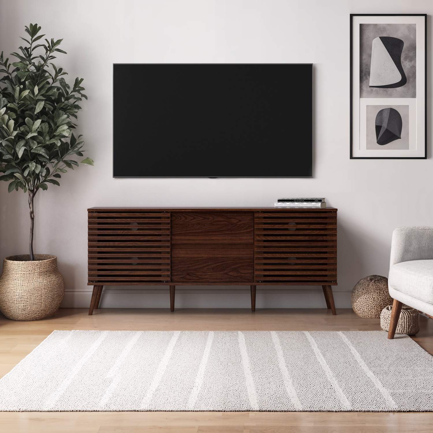 CorLiving Walnut Faux Wood TV Stand with Slatted Doors and Drawers for Most TVs up to 65''