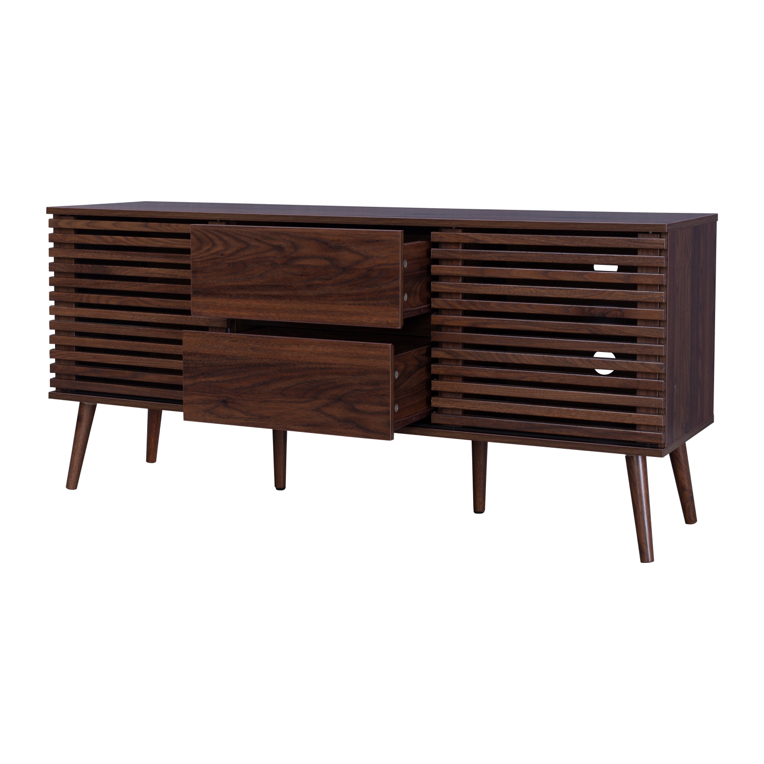 CorLiving Walnut Faux Wood TV Stand with Slatted Doors and Drawers for Most TVs up to 65''