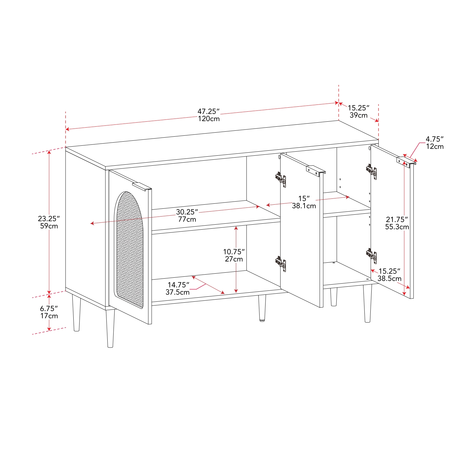 Buffet arqué en bois de rotin avec portes et éclairage Freya 3 de CorLiving avec tablettes
