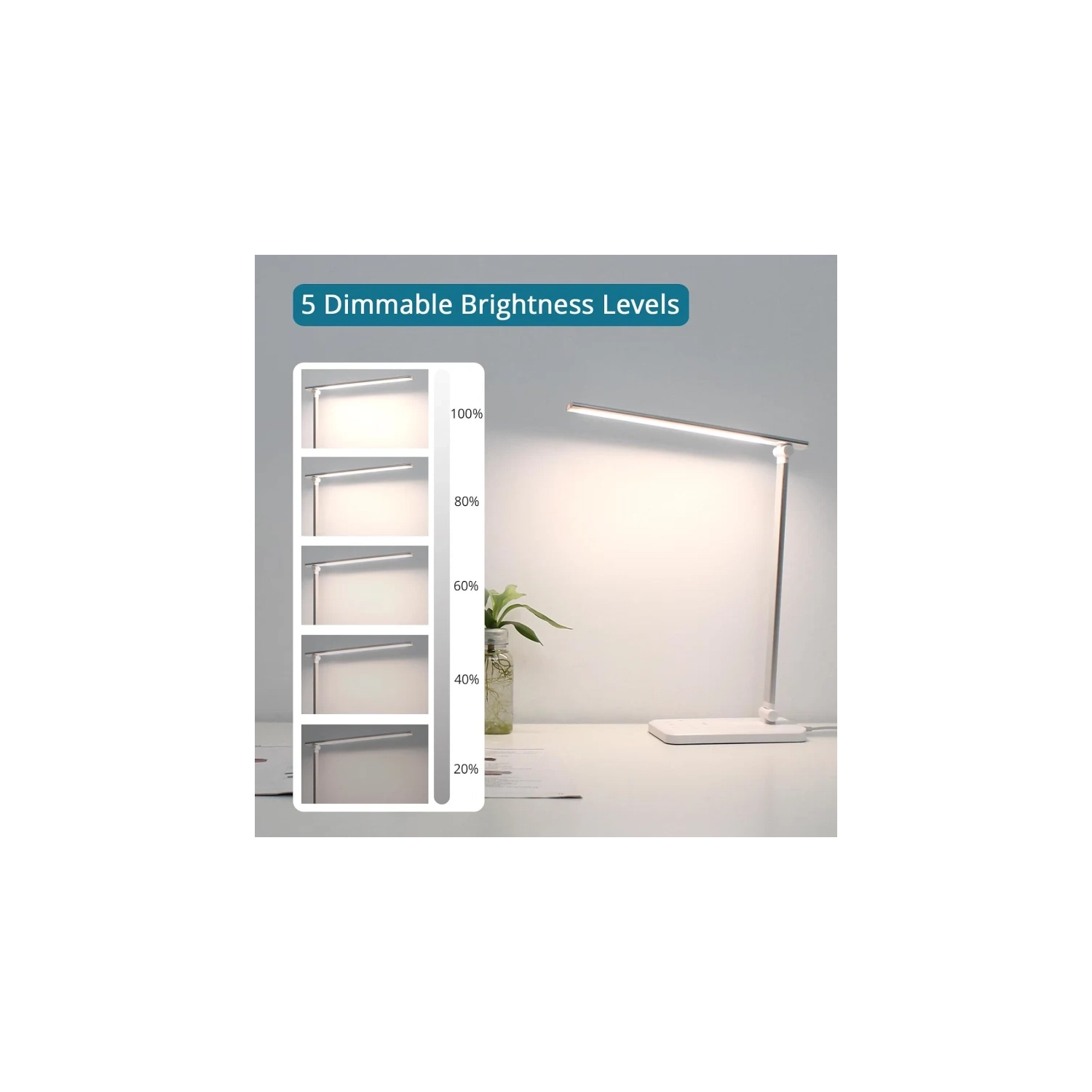 Lampe de bureau à DEL, à intensité réglable avec 5 modes d'éclairage et niveaux de luminosité, minuterie de 45 minutes, commandes tactiles