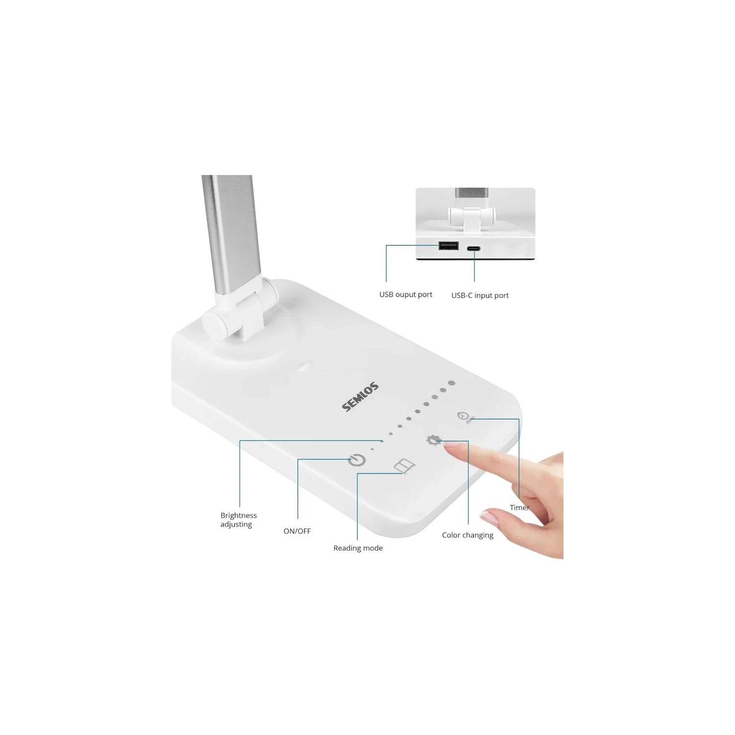 Lampe de bureau à DEL, à intensité réglable avec 5 modes d'éclairage et niveaux de luminosité, minuterie de 45 minutes, commandes tactiles
