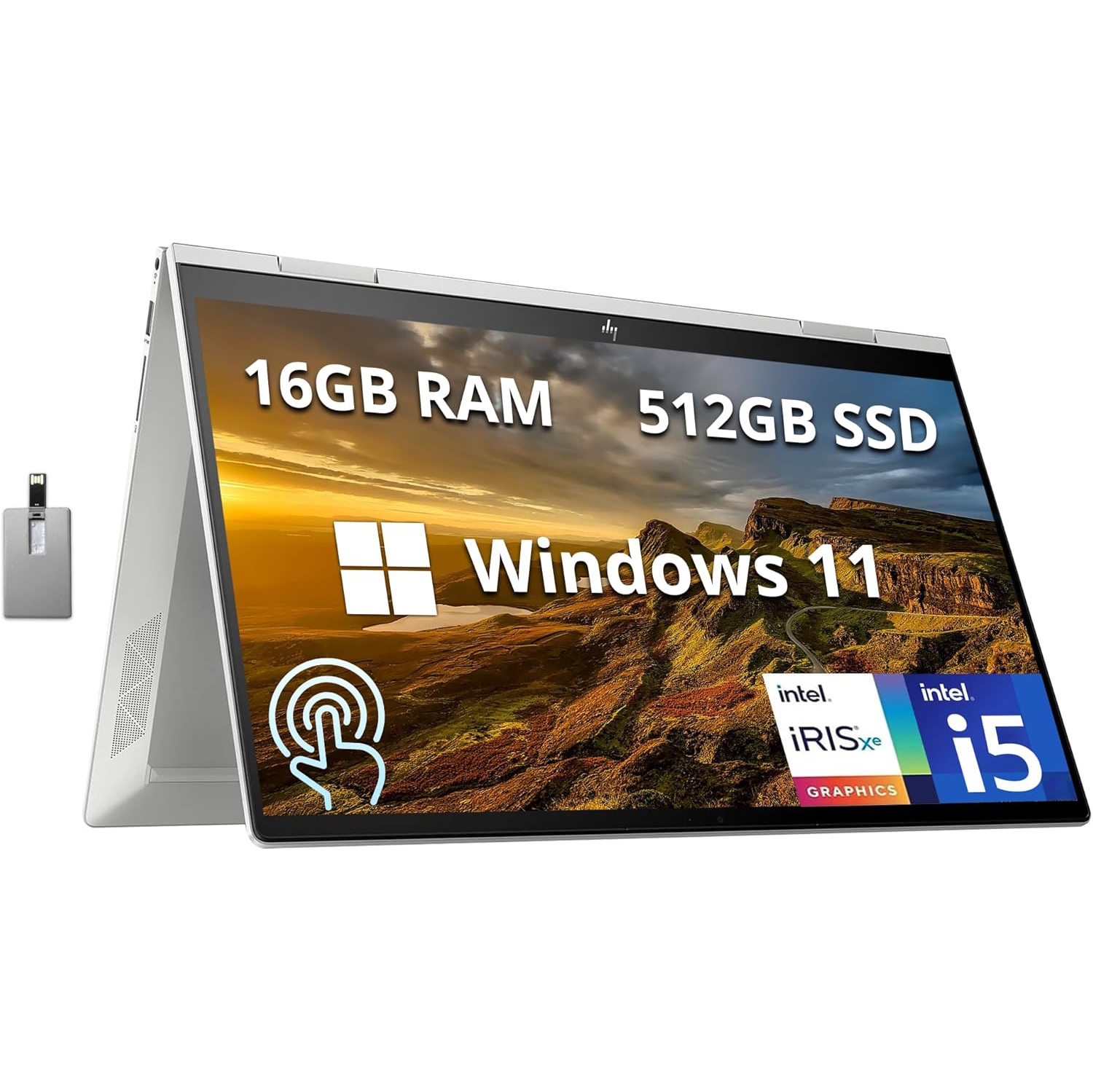 HP Envy x360 2-in-1 15.6" FHD Touchscreen Laptop, Intel Core i5-1135G7, 512GB PCIe SSD, 16GB RAM, Backlit Keyboard, HD Webcam, Win 11, Silver, 32GB Hotface USB Card