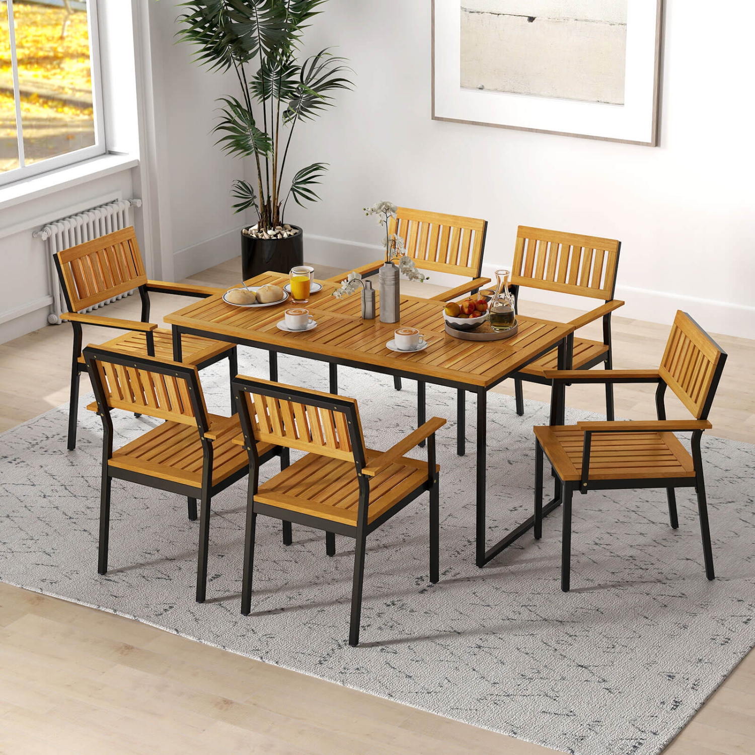 Costway Dining Chair Set of 4 with Acacia Wood Backrest Slanted Seat Comfortable Armrests