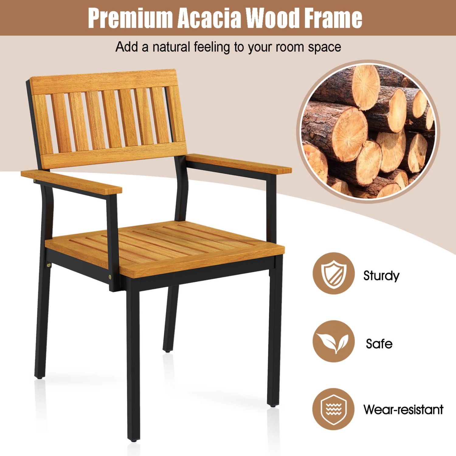 Costway Dining Chair Set of 4 with Acacia Wood Backrest Slanted Seat Comfortable Armrests