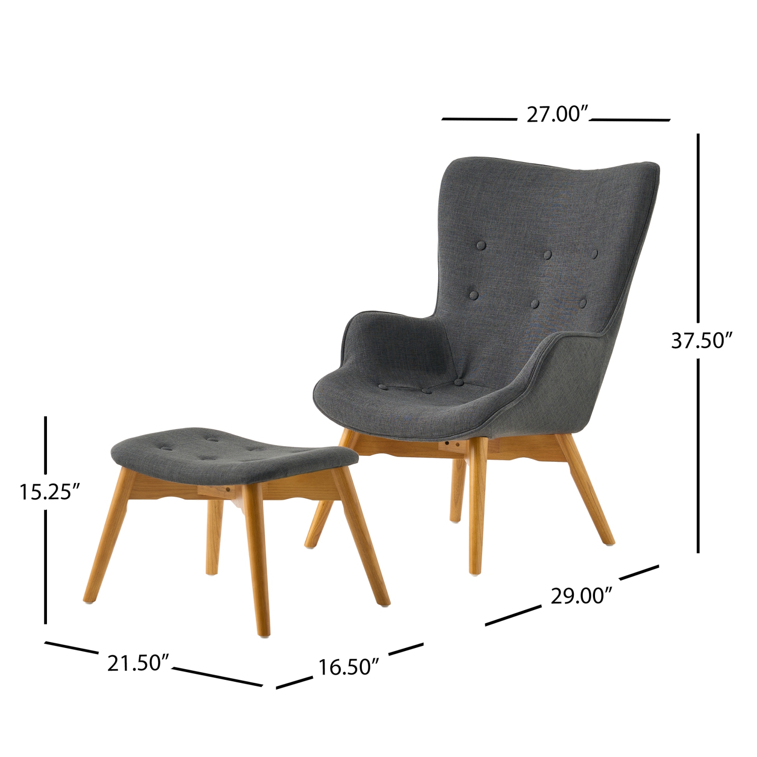 Fauteuil moderne mid Century avec pouf, fauteuil d'appoint capitonné à oreilles avec repose-pieds assorti, tissu recouvert