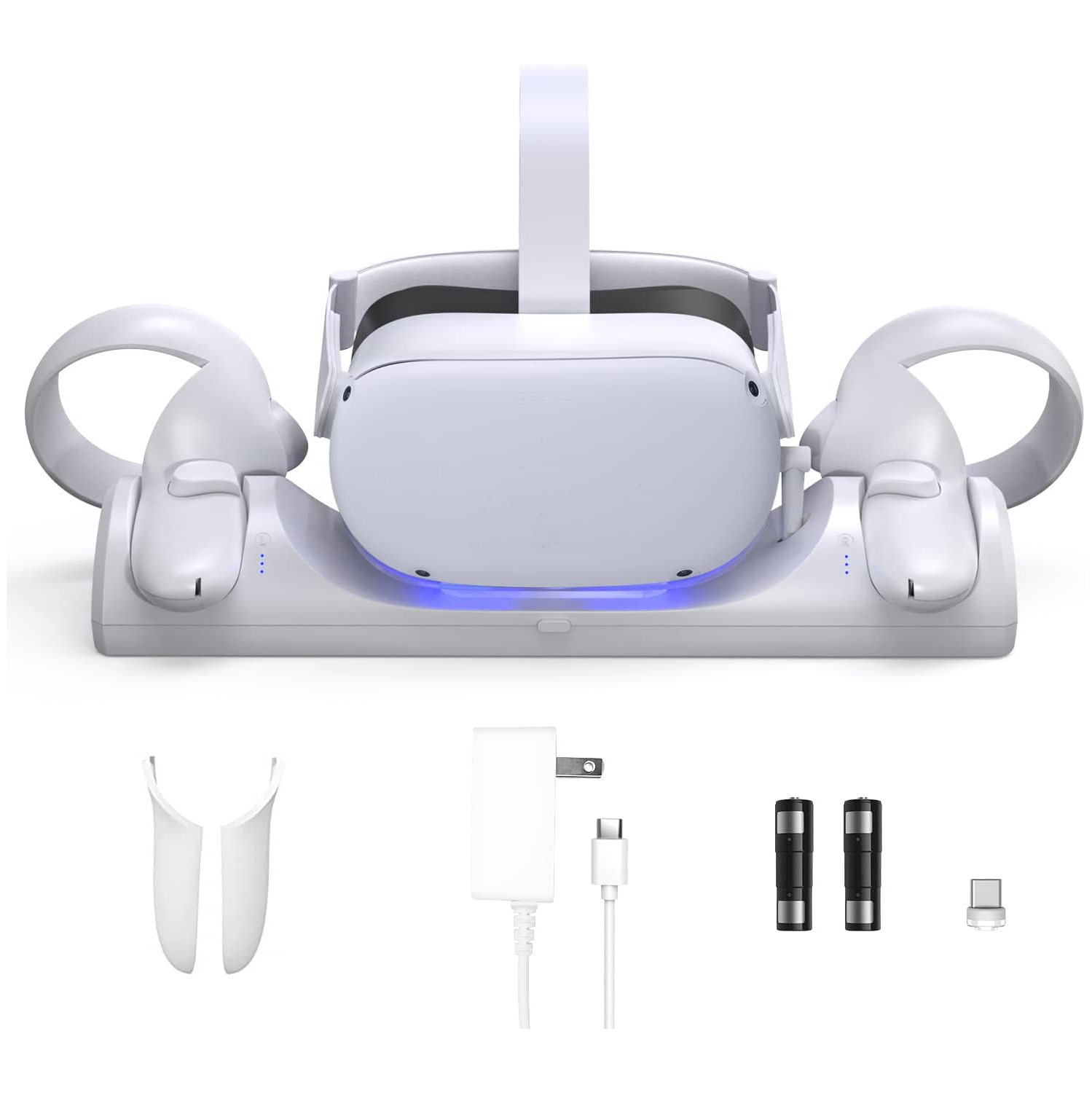 VR Charging Dock works with Oculus/Meta Quest 2 Magnetic Charging Station for Headset & Controllers with LED Indicator, Includes 2 Rechargeable Batteries for Simultaneous Charging