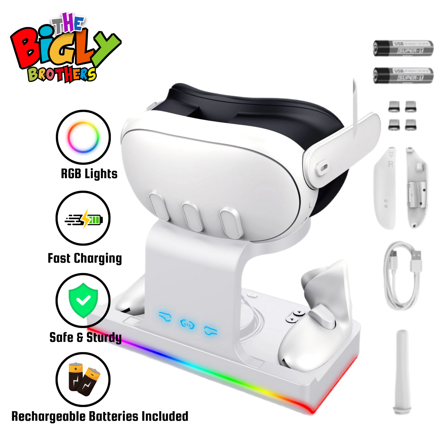 Station de recharge pour casque de réalité virtuelle et manettes avec lampe DEL et batteries rechargeables