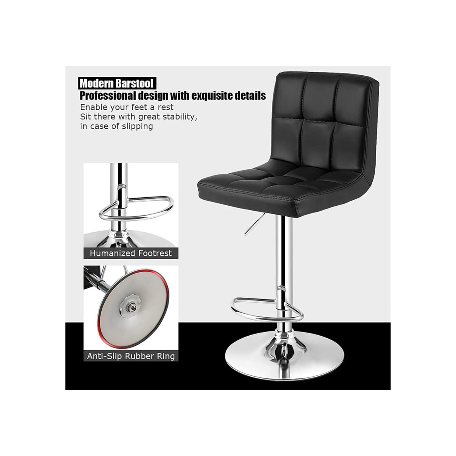 Lennox Furniture 360-Degree Set of 2 Swivel Adjustable Height Black Bounded Leather Bar Stool Chair, with Backrest & S..