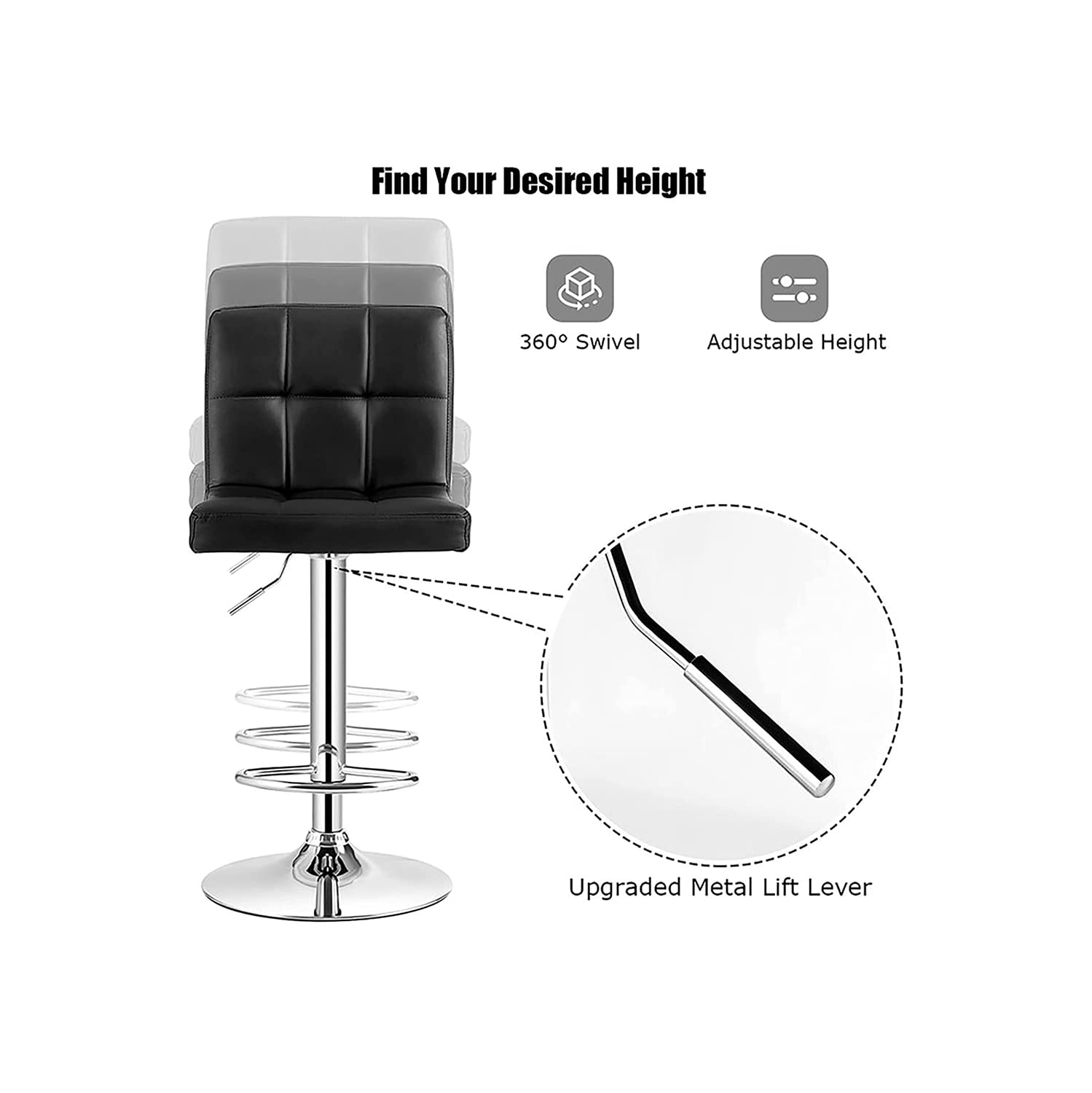 Lennox Furniture 360-Degree Set of 2 Swivel Adjustable Height Black Bounded Leather Bar Stool Chair, with Backrest & S..