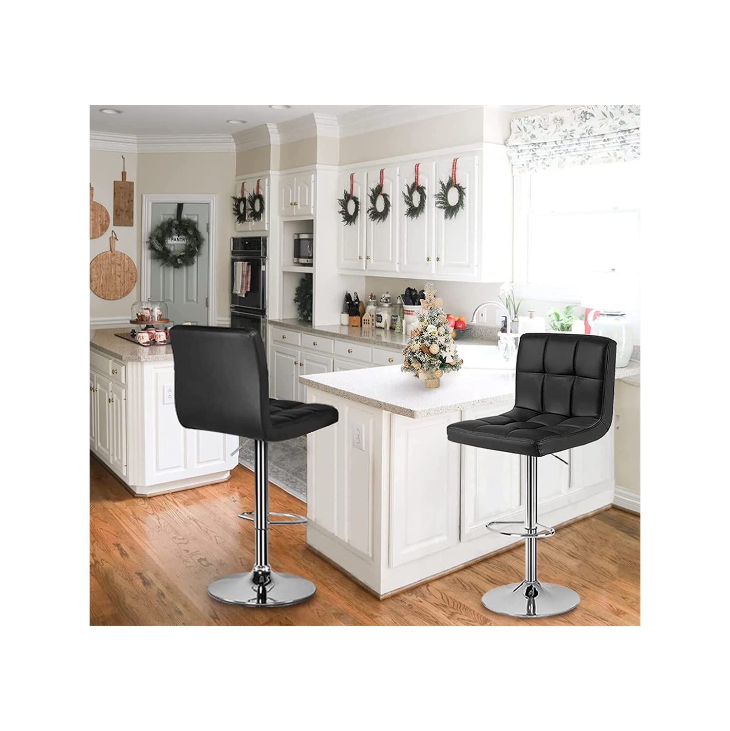 Lennox Furniture 360-Degree Set of 2 Swivel Adjustable Height Black Bounded Leather Bar Stool Chair, with Backrest & S..