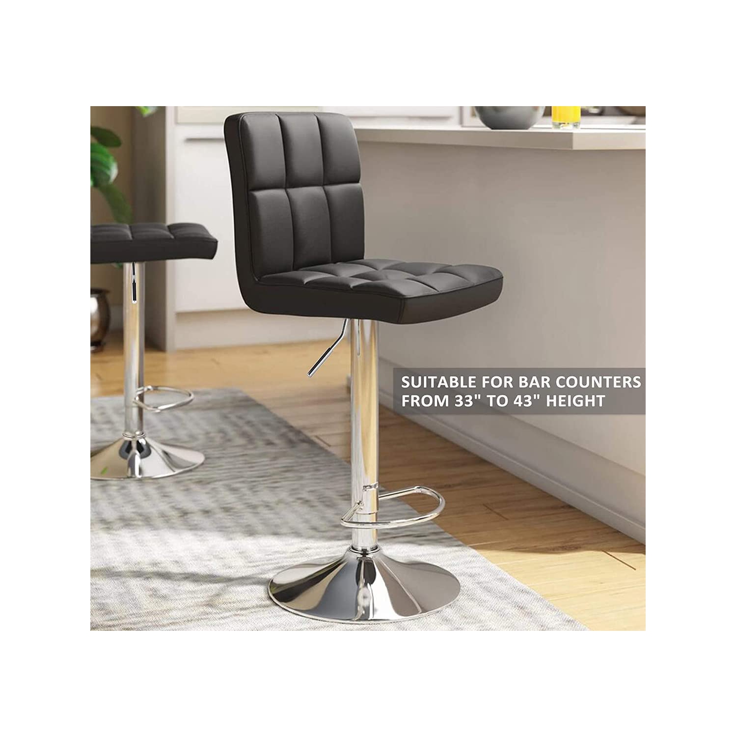 Lennox Furniture 360-Degree Set of 2 Swivel Adjustable Height Black Bounded Leather Bar Stool Chair, with Backrest & S..