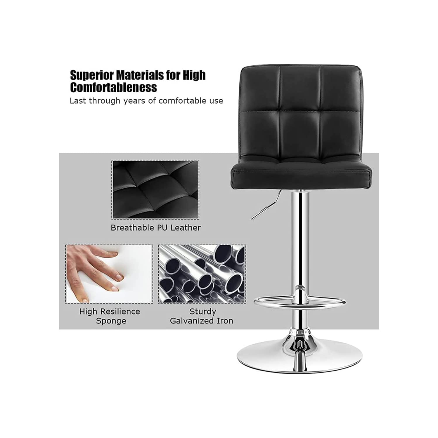 Lennox Furniture 360-Degree Set of 2 Swivel Adjustable Height Black Bounded Leather Bar Stool Chair, with Backrest & S..