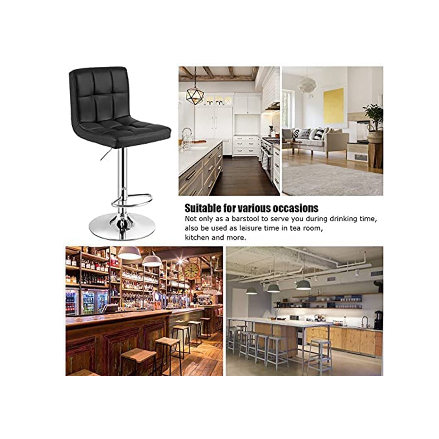 Lennox Furniture 360-Degree Set of 2 Swivel Adjustable Height Black Bounded Leather Bar Stool Chair, with Backrest & S..