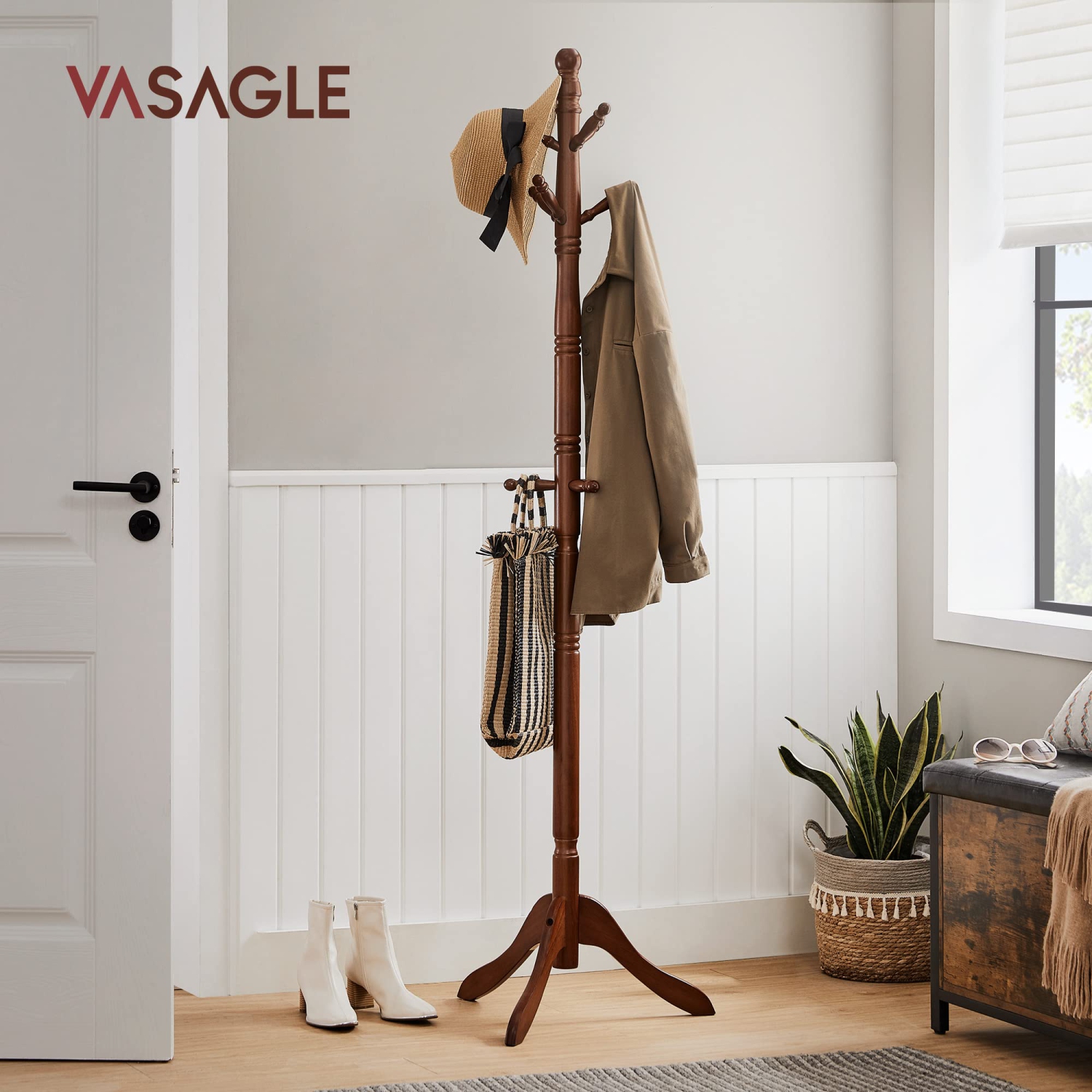 VASAGLE Coat Rack, Solid Wood Coat Stand, Free Standing Hall Coat