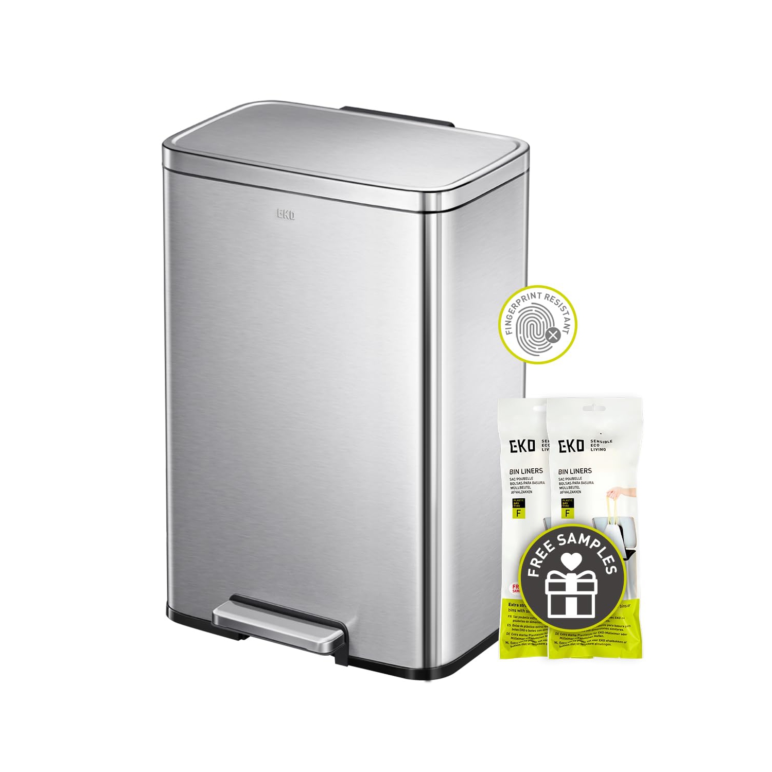 Grande poubelle à pédale Madison D'EKO, acier inoxydable brossé, 50 L/13,2 gallons, doublure intérieure, fini résistant aux traces de doigts