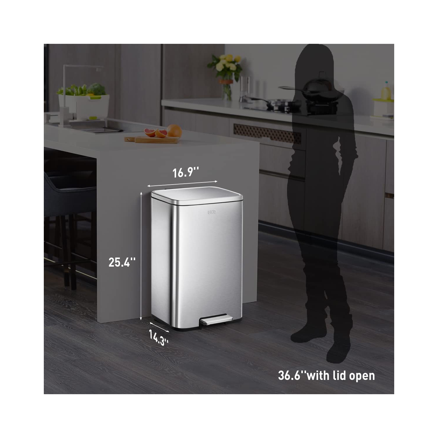 Grande poubelle à pédale Madison D'EKO, acier inoxydable brossé, 50 L/13,2 gallons, doublure intérieure, fini résistant aux traces de doigts