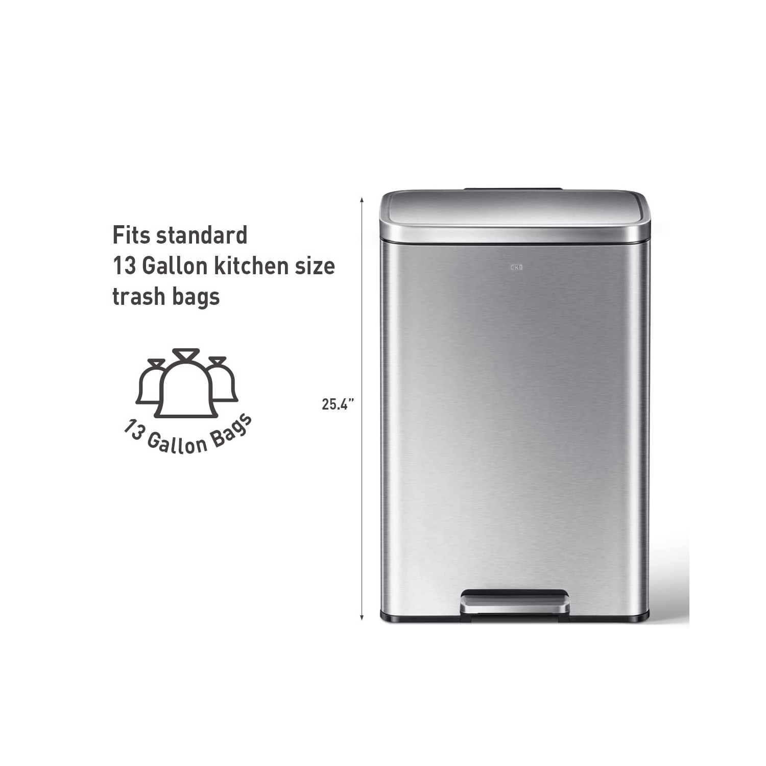 Grande poubelle à pédale Madison D'EKO, acier inoxydable brossé, 50 L/13,2 gallons, doublure intérieure, fini résistant aux traces de doigts