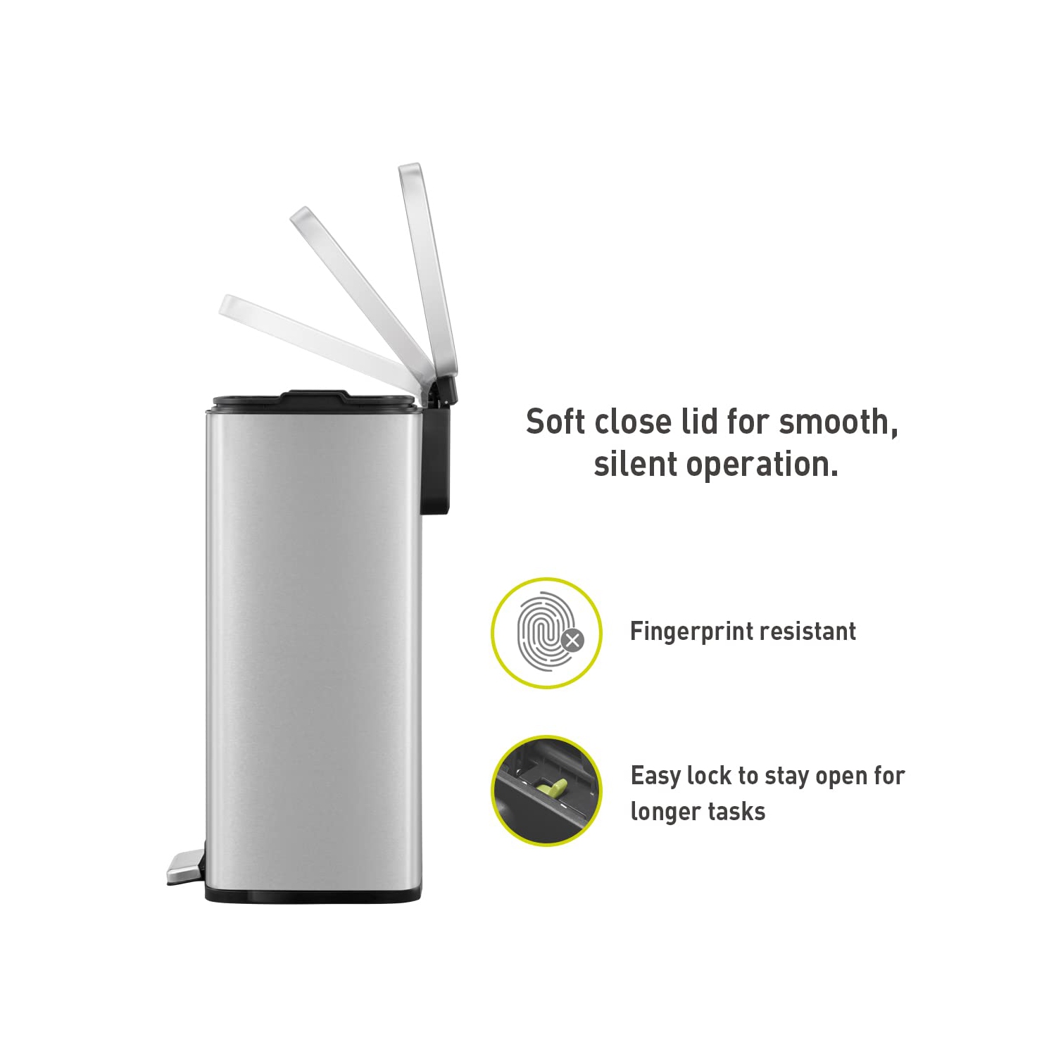 Grande poubelle à pédale Madison D'EKO, acier inoxydable brossé, 50 L/13,2 gallons, doublure intérieure, fini résistant aux traces de doigts