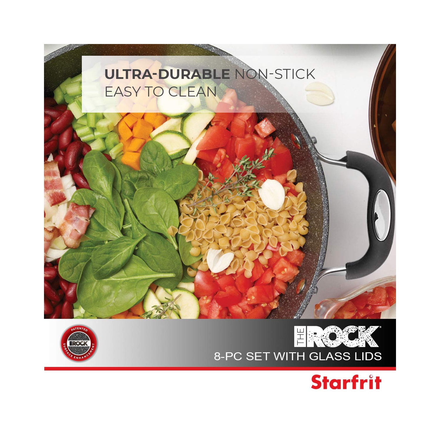 Starfrit The Rock 8PC Non-Stick Cookware set - Durable Forged Aluminum - Oven Safe - PFOA Free - Easy to Clean - Black