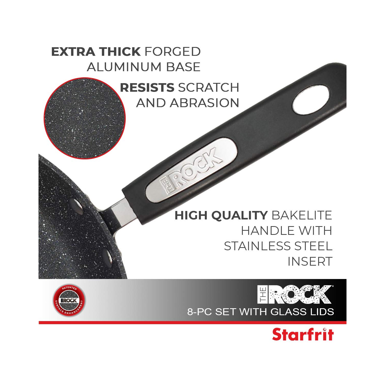 Starfrit The Rock 8PC Non-Stick Cookware set - Durable Forged Aluminum - Oven Safe - PFOA Free - Easy to Clean - Black