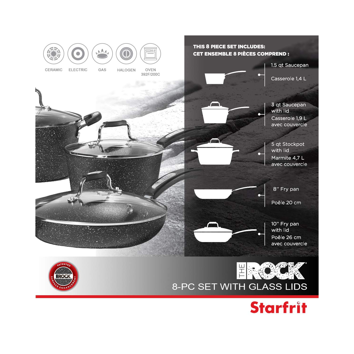 Starfrit The Rock 8PC Non-Stick Cookware set - Durable Forged Aluminum - Oven Safe - PFOA Free - Easy to Clean - Black