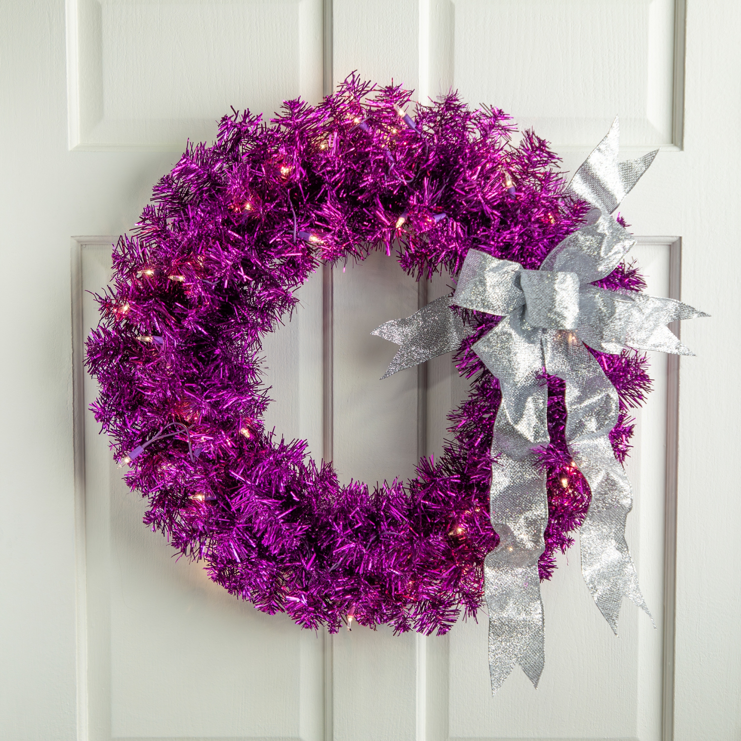 Pre-Lit Tinsel Artificial Christmas Wreath - 24" - Purple - Clear Lights