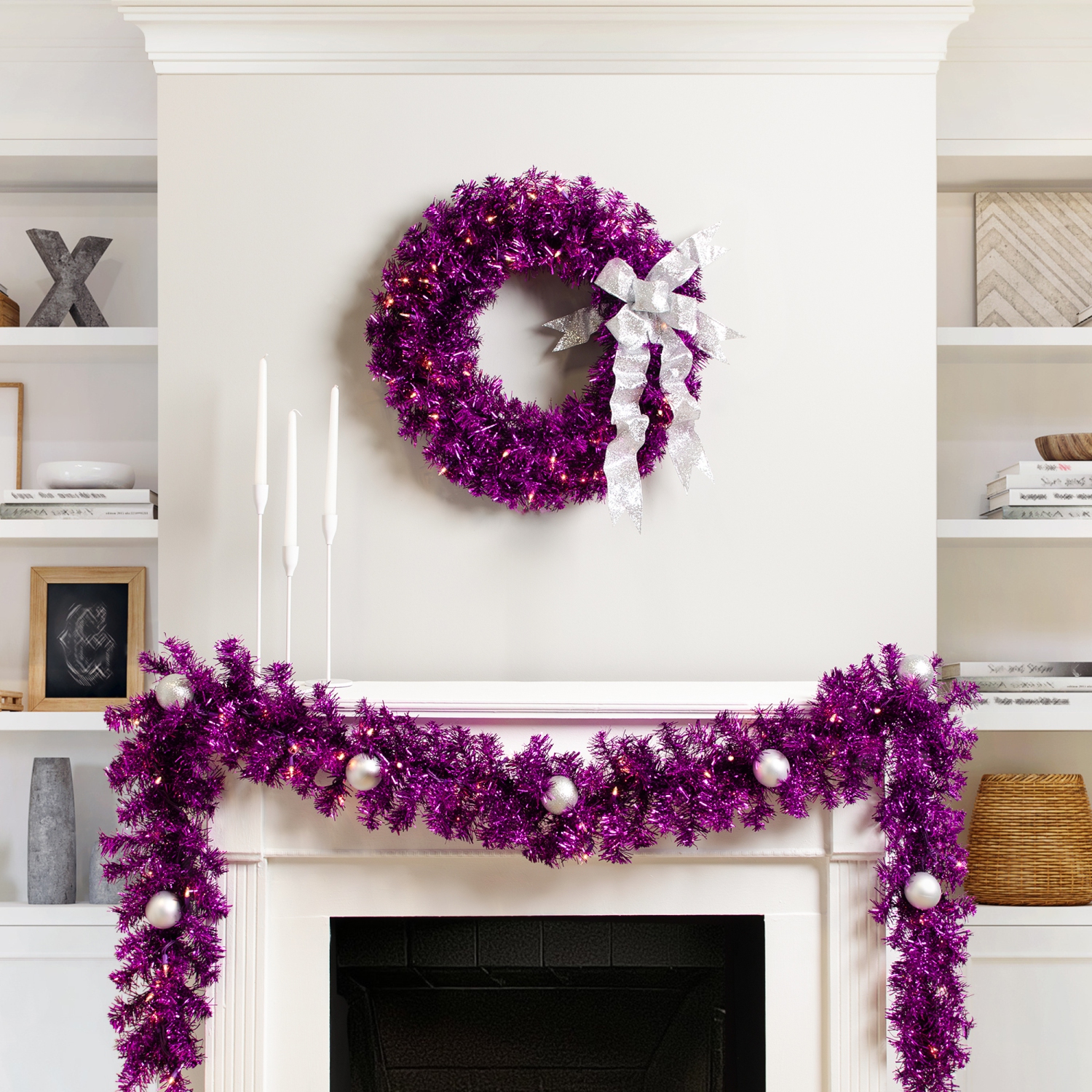 Pre-Lit Tinsel Artificial Christmas Wreath - 24" - Purple - Clear Lights