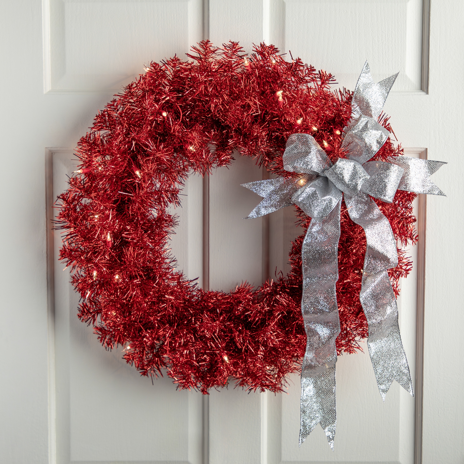 Pre-Lit Tinsel Artificial Christmas Wreath - 24" - Red - Clear Lights