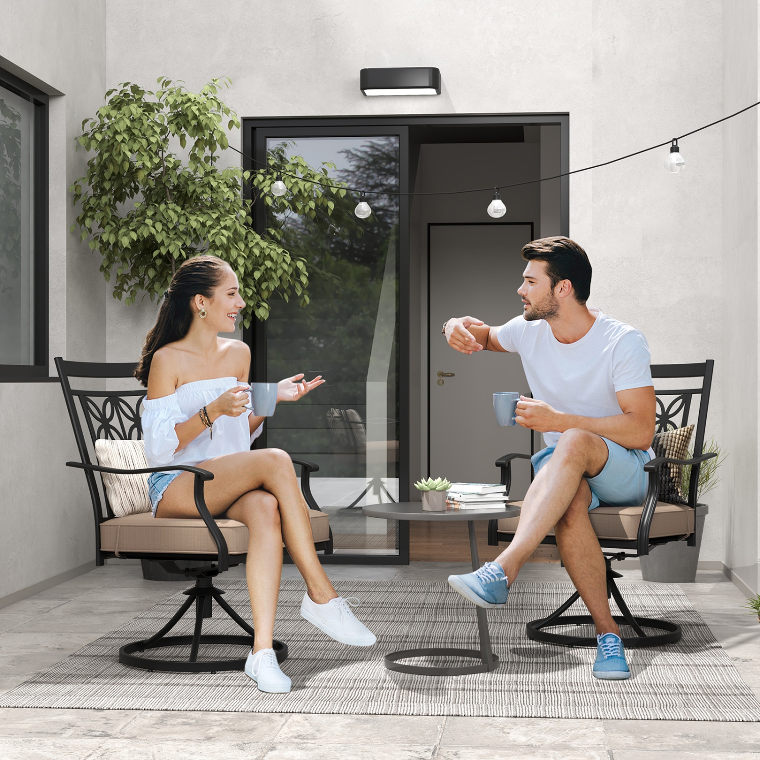 Costway Patio Swivel Chair 2 PCS Outdoor Bistro Dining Chair Blossom Pattern Backrest