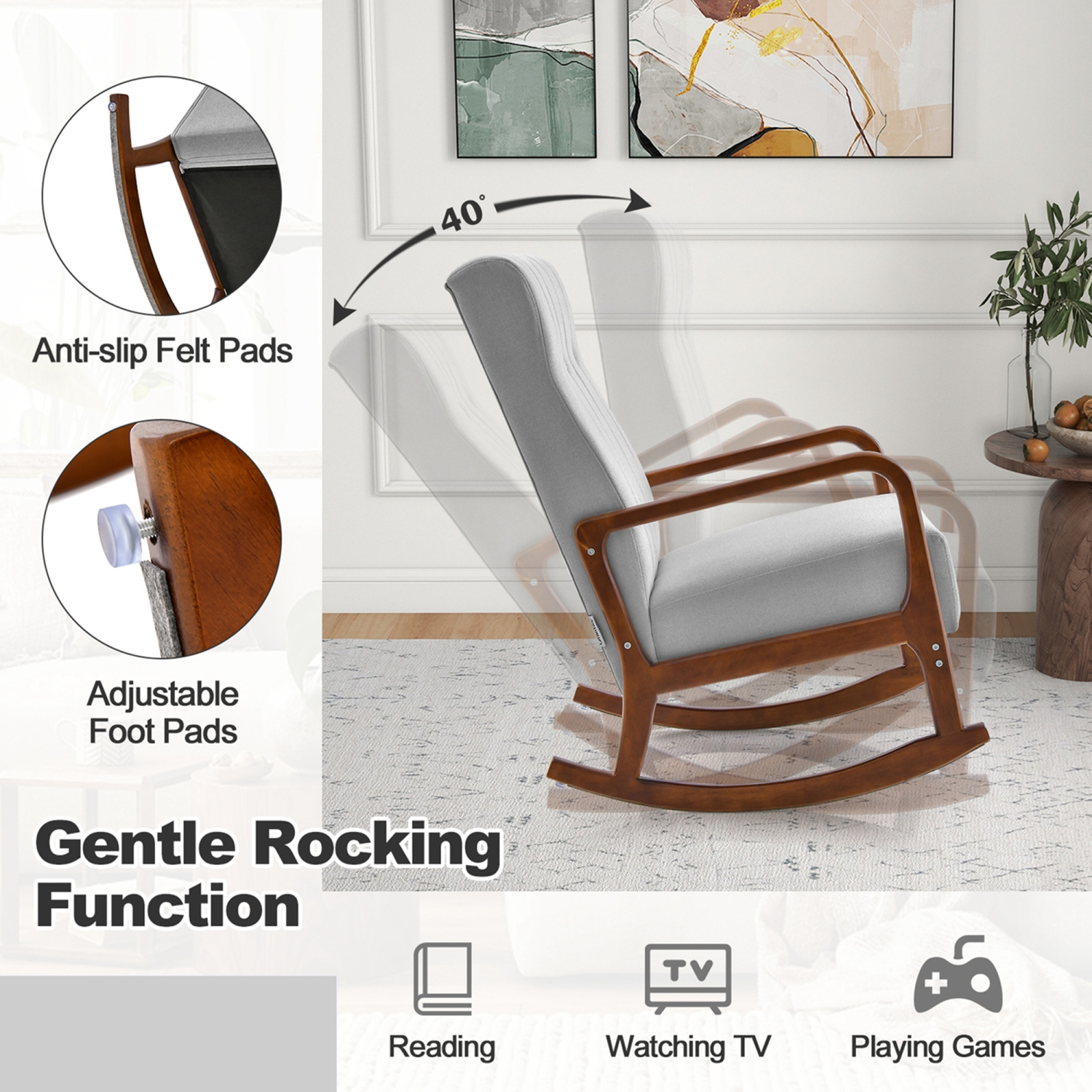 Fauteuil berçant coulissant de Costway avec pouf en tissu, bois massif