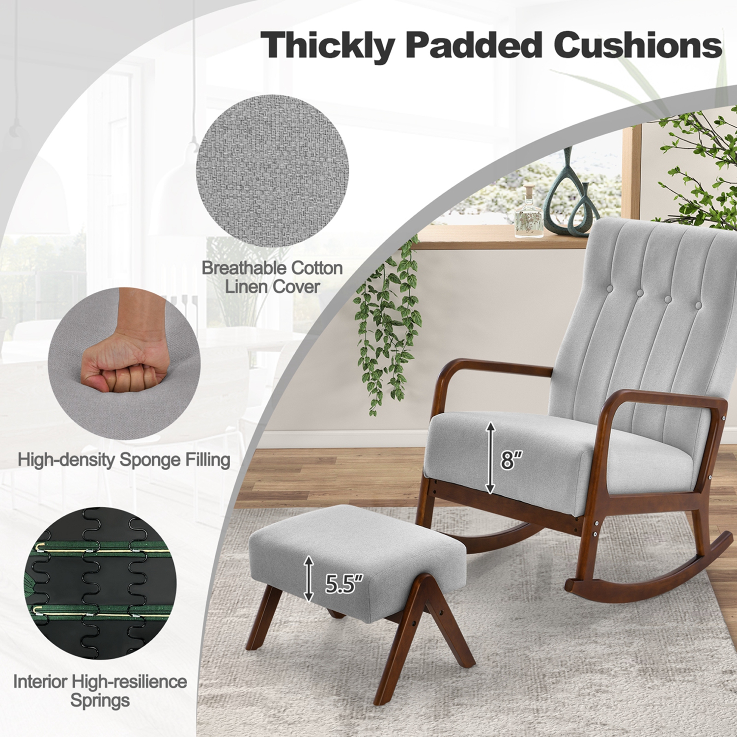 Fauteuil berçant coulissant de Costway avec pouf en tissu, bois massif