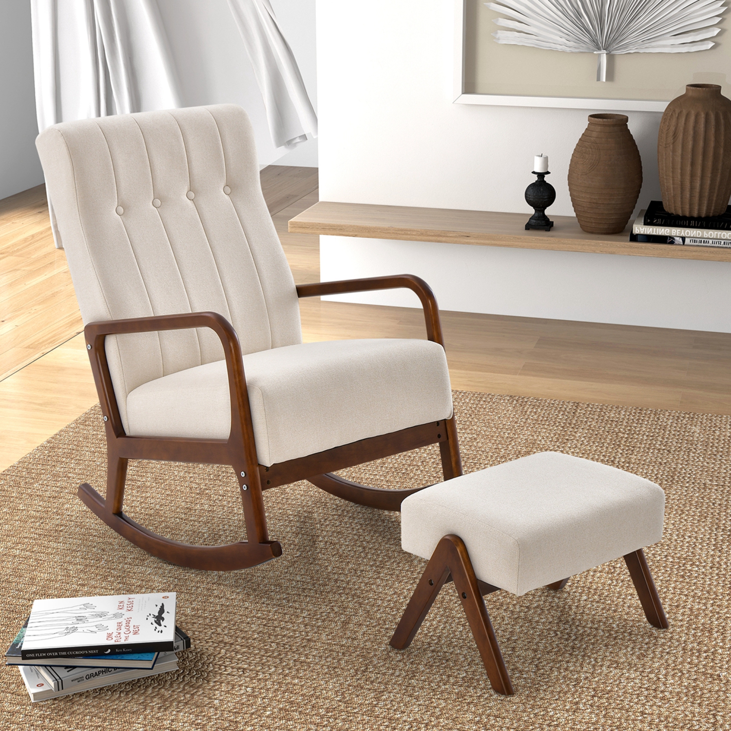 Costway Rocking Chair with Ottoman Upholstered Fabric Glider Rocker Solid Wood