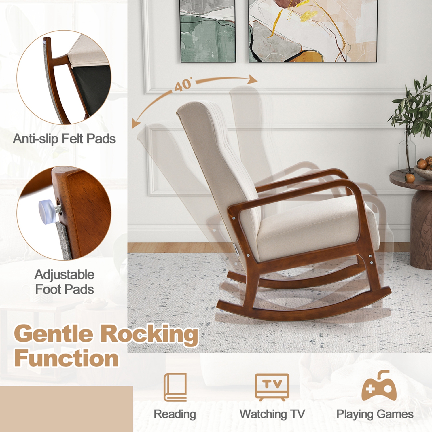 Costway Rocking Chair with Ottoman Upholstered Fabric Glider Rocker Solid Wood