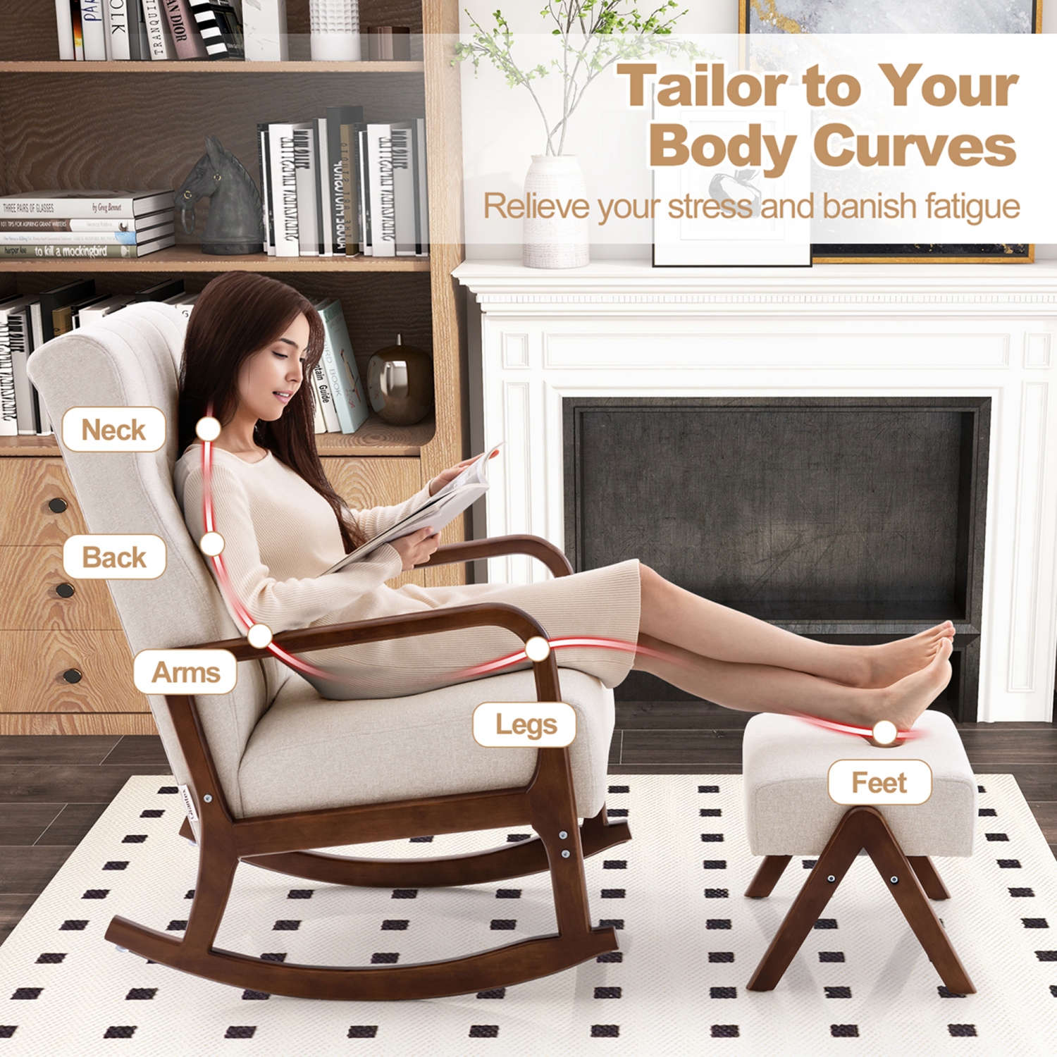 Costway Rocking Chair with Ottoman Upholstered Fabric Glider Rocker Solid Wood