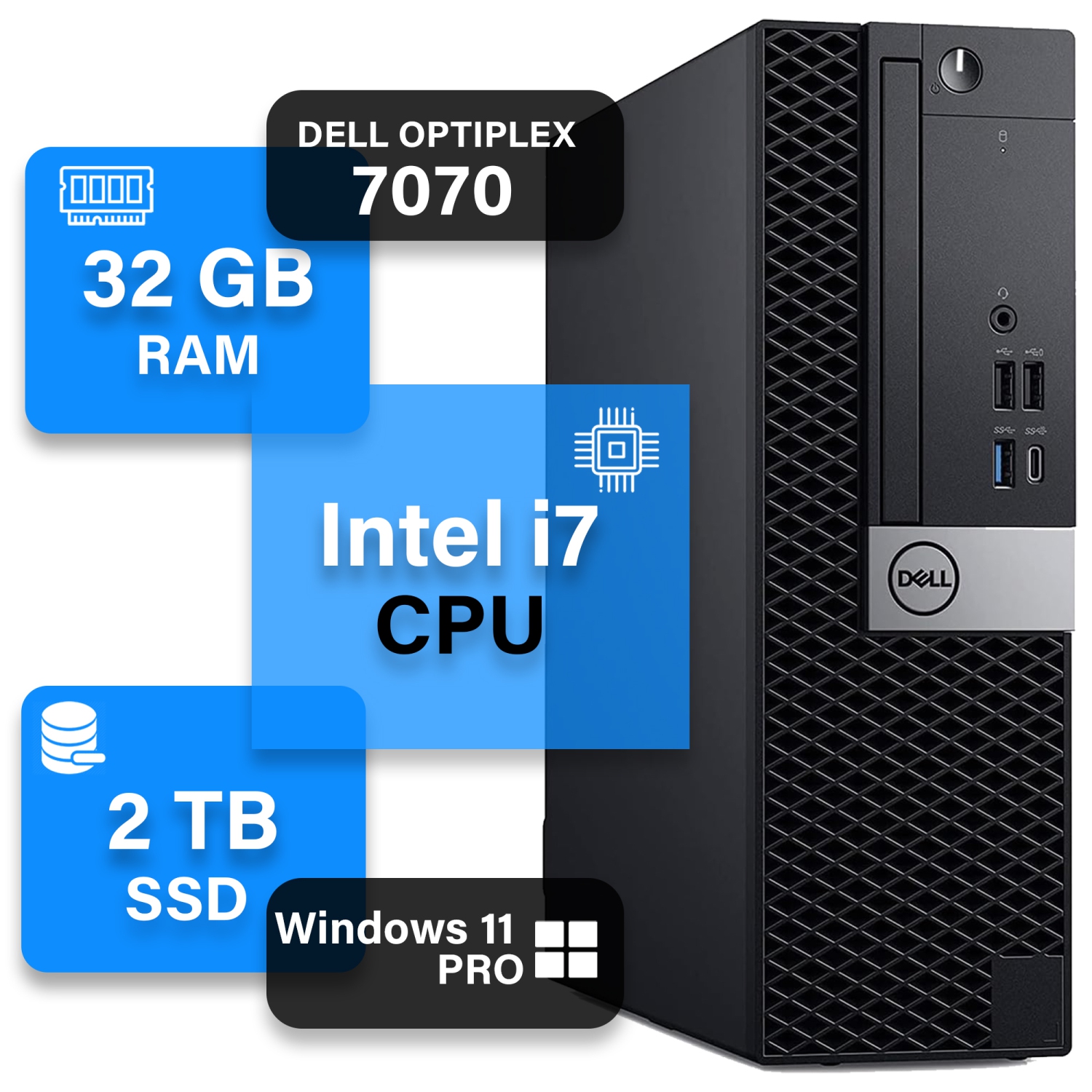 Refurbished (Excellent) - Dell OptiPlex 7070 SFF Professional Desktop Computer PC - Intel i7 - 32GB DDR4 RAM - 2TB NVMe SSD - Windows 11 Pro - Built in WIFI 5 - Wireless Keyboard