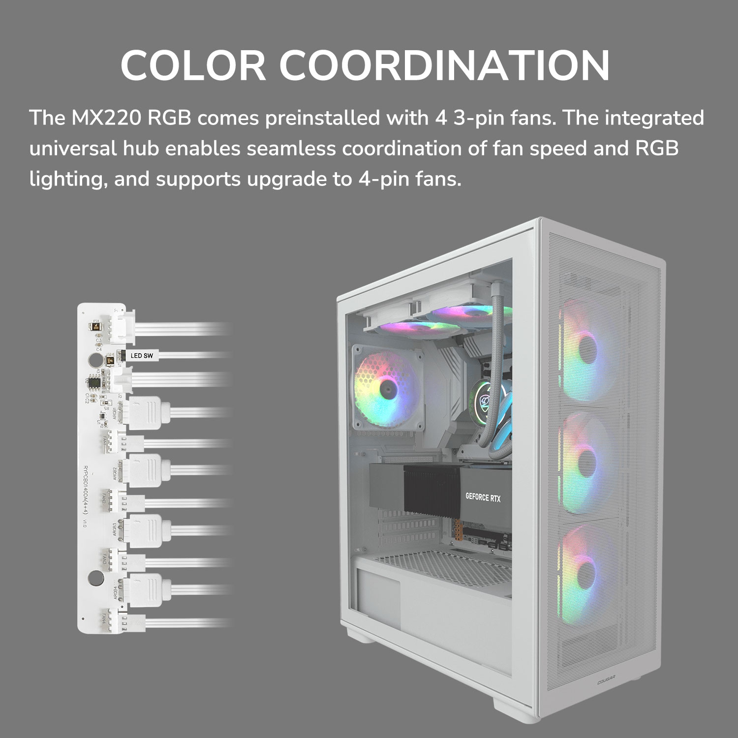Cougar MX220 RGB Mid Tower ATX Computer Case, Tempered Glass Side Panel, 4 x 120mm ARGB Fans Pre-Installed, White
