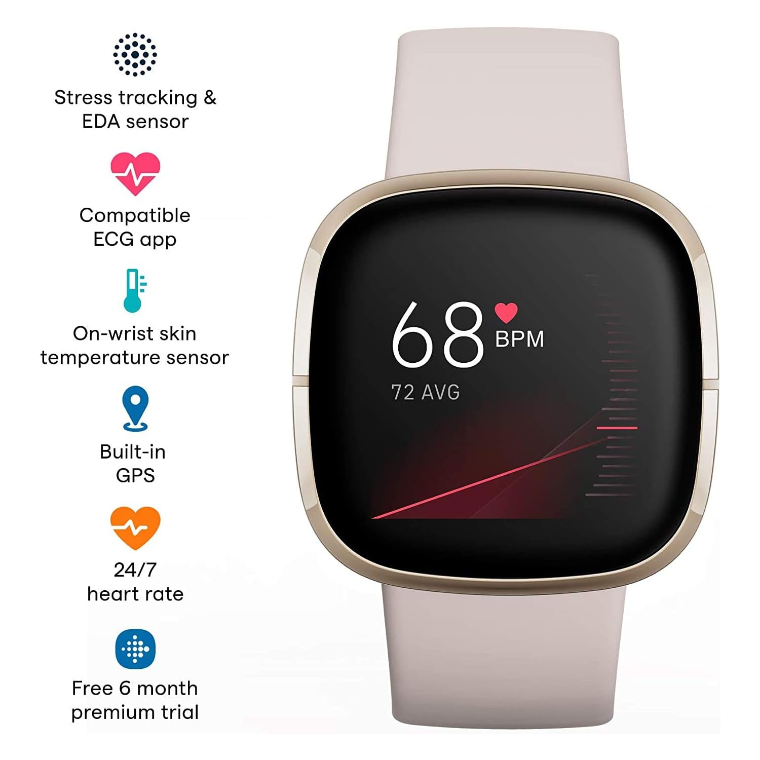 Montre intelligente santé et mise en forme Sense Fitbit avec GPS, appels et texte Bluetooth, fréquence cardiaque SpO2, ECG, température de la peau et