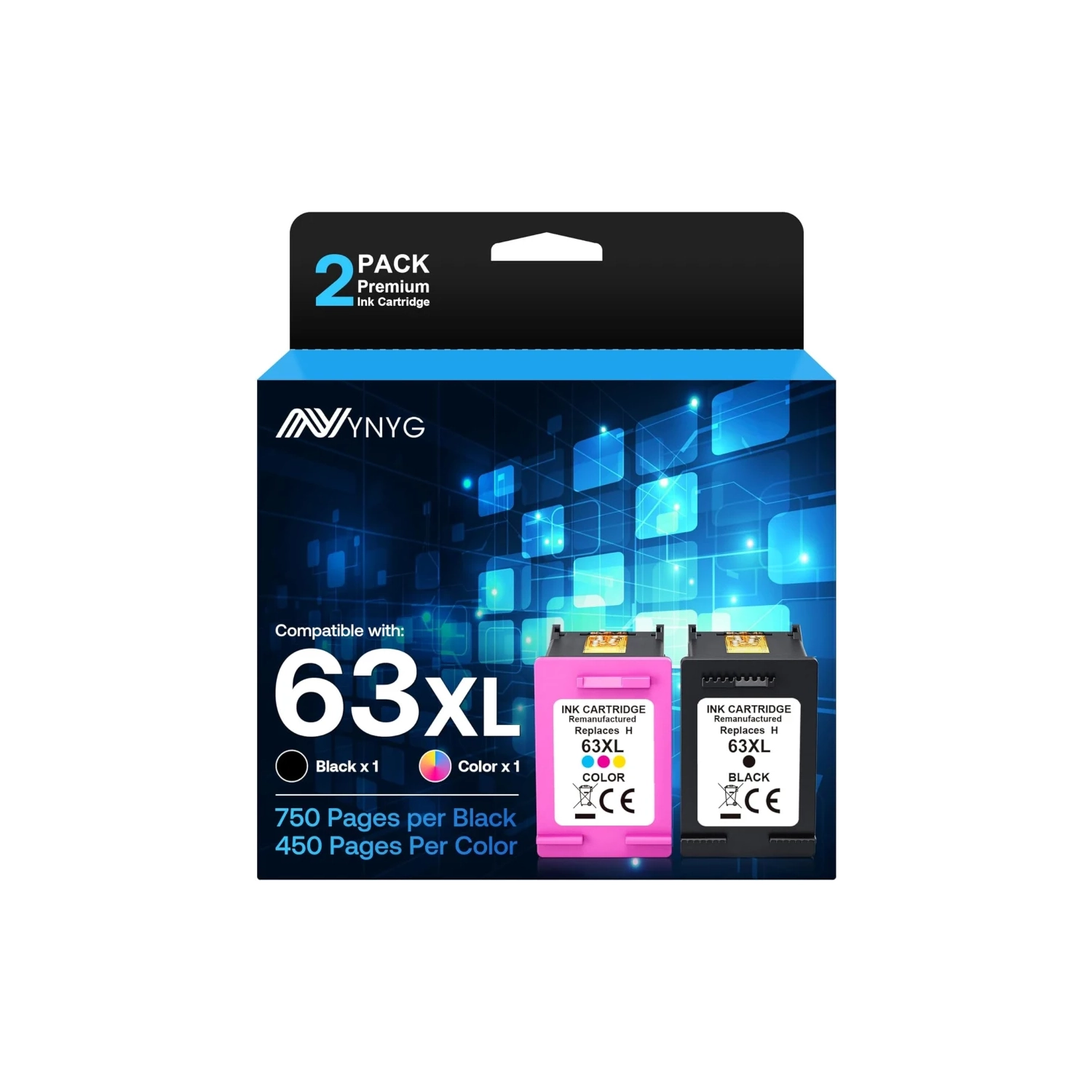 63XL Ink Cartridges Replacement for HP 63 - Remanufactured for DeskJet 3630, Envy 4520, OfficeJet 3830, 4650