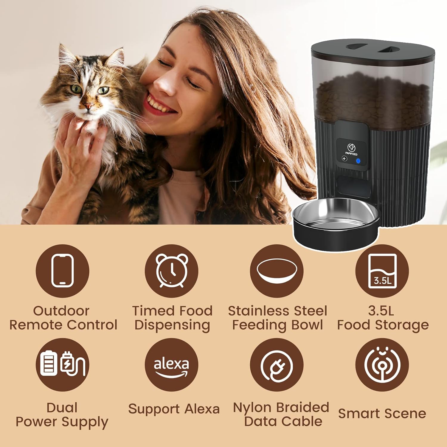 Distributeurs automatiques intelligents pour chats de PAPIFEED&nbsp;: Gamelle Wi-Fi pour animaux de compagnie avec commande PAR APPLICATION pour