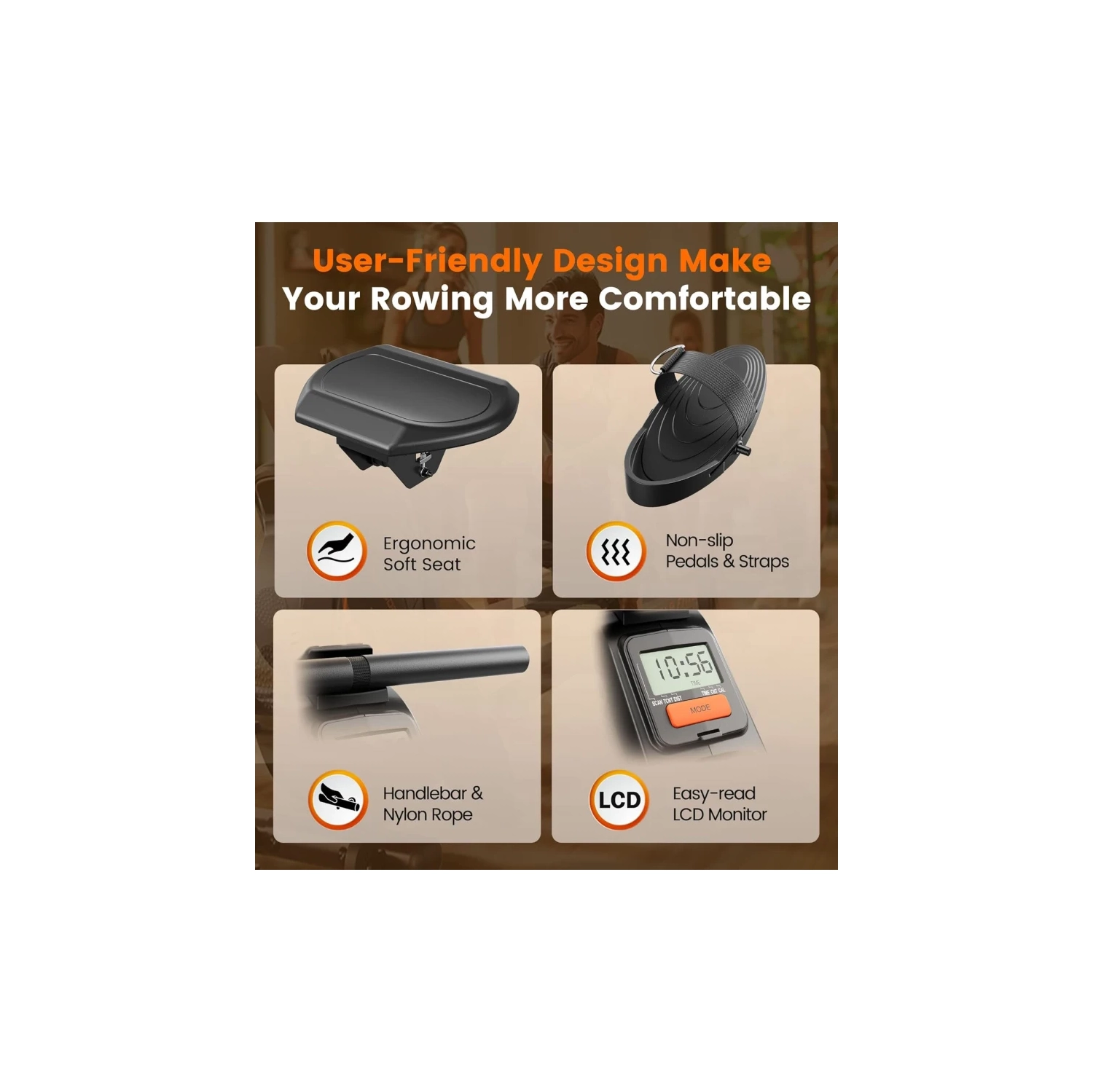 Rameur magnétique – Capacité de 350 lb, rameur à domicile avec moniteur ACL et support pour tablette